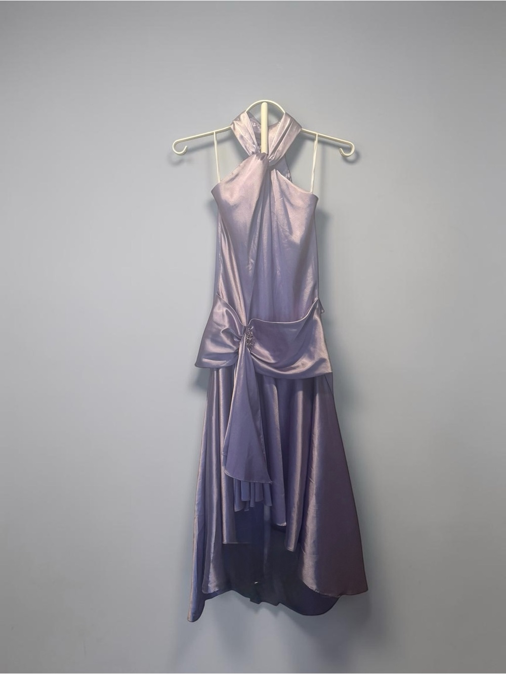 Vintage Satin Halter Maxi Dress Purple Asymmetric Draped.